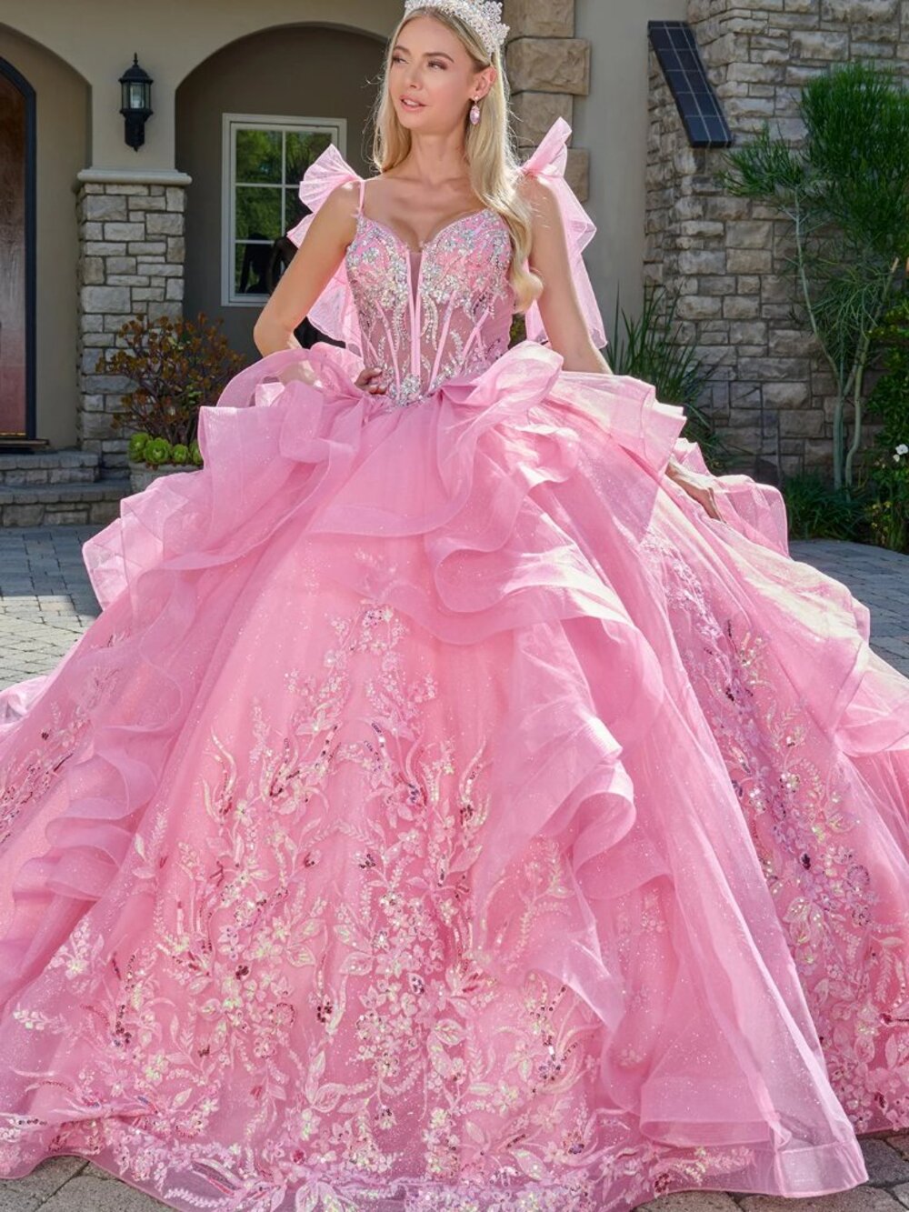 NEW PINK Spaghetti Strap Evening Gown Floor Length Embellished GL3804